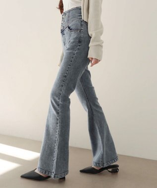 WEGO 【ストレッチ/美脚/脚長シルエット/XSSMサイズ展開】ハイウエストストレッチフレアデニムパンツ デニム中濃加工色