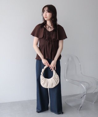 earth music&ecology チェックラッフルカラーペプラムカットブラウス Check Brown