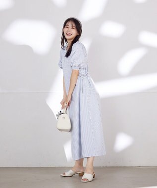 Tiaclasse L 【洗える】バルーンスリーブサイドギャザーワンピース ブルーストライプ