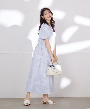 Tiaclasse L 【洗える】バルーンスリーブサイドギャザーワンピース ブルーストライプ