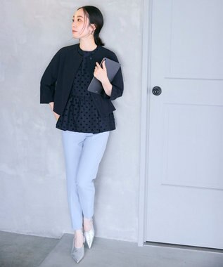 #Newans 【洗濯機可】ジャガ―ドドットペプラムブラウス ネイビー