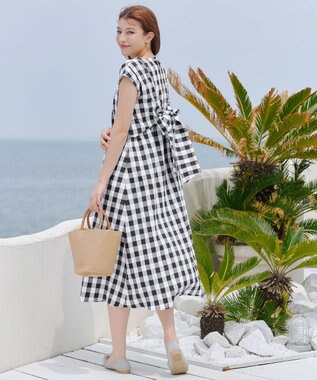 Tiaclasse L 【2WAY・洗える】ウエストリボンフレンチスリーブマキシワンピース ブラックチェック