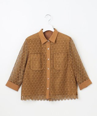 自由区 【ドラマ「明日はもっと いい日になる」着用】【洗える】ジオメトリックフラワーレースクロップド丈シャツ ブラウス モカ