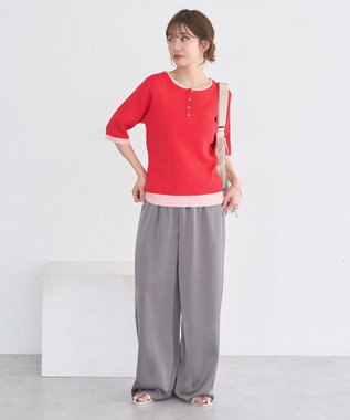 earth music&ecology ヘンリーネック半袖ニットプルオーバー Red