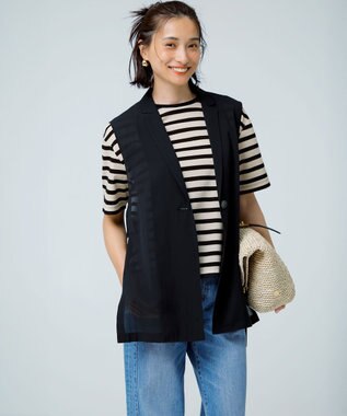 23区 【洗える】シアーフライスボーダー Tシャツ アイボリー×ブラック