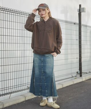 WEGO 【ユニセックス着用ITEM】ダメージアップリケレイヤードZIPパーカー ブラウン