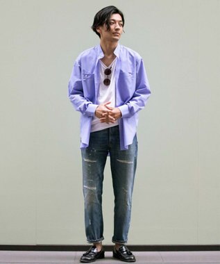 KASHIYAMA GIZA 100/2 バンドカラーシャツ ブルーシャンブレー