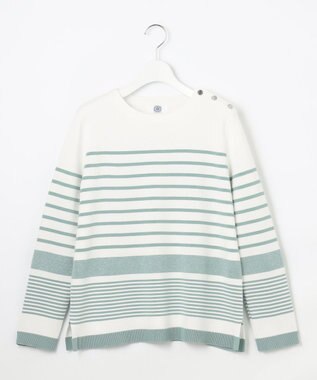 J.PRESS LADIES L 【洗える】Cotton Acetate パネルボーダー プルオーバー ニット セージグリーン系1