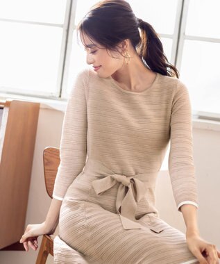 Tiaclasse L 【洗える】リップル編みニットワンピース ベージュ×オフ