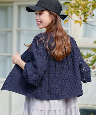 Tiaclasse L 【洗える】パンチングレースブルゾン ネイビー