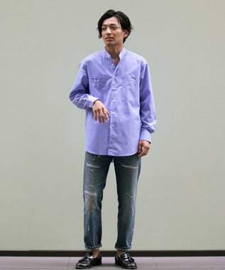 KASHIYAMA GIZA 100/2 バンドカラーシャツ ブルーシャンブレー