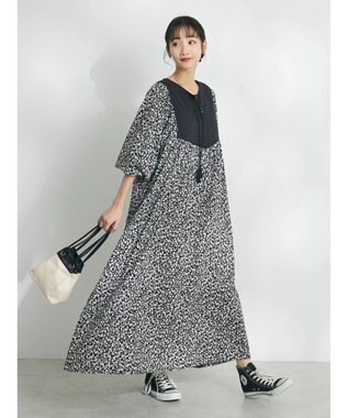 CRAFT STANDARD BOUTIQUE インド綿混キルト切替花柄ワンピース Black