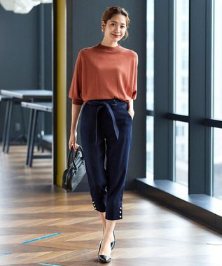 Tiaclasse 【洗える】スリットパールテーパードパンツ ネイビー