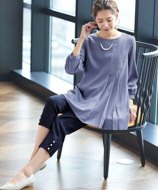 Tiaclasse 【洗える】スリットパールテーパードパンツ ネイビー