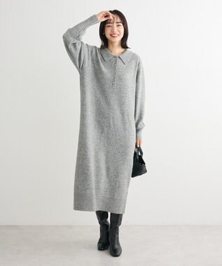 Green Parks 金釦ポロシャツニットワンピース Gray Mixture