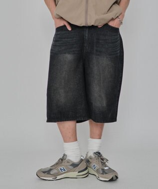 WEGO 【紐で調節可能】スーパーバギーデニムショーツ デニムブラック