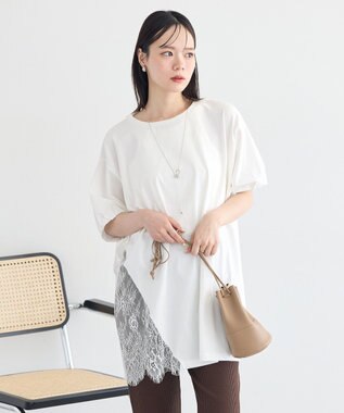 earth music&ecology アシメレースビッグTシャツ Off White