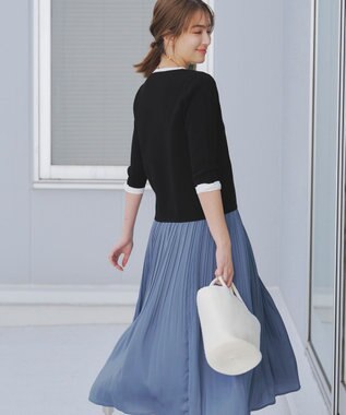 Tiaclasse 【洗える】リボン袖配色ニットトップス ブラック×オフホワイト