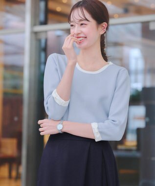 Tiaclasse 【洗える】リボン袖配色ニットトップス サックス×オフホワイト