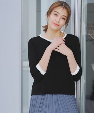 Tiaclasse 【洗える】リボン袖配色ニットトップス ブラック×オフホワイト