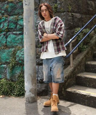 WEGO ダブルニーダメージデニムショーツ デニム中濃加工色