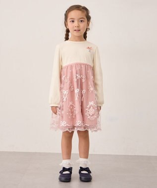 ANY KIDS バレエ刺繍チュールワンピース ホワイト×ピンク