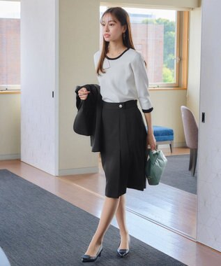 Tiaclasse 【洗える】リボン袖配色ニットトップス オフホワイト×ブラック