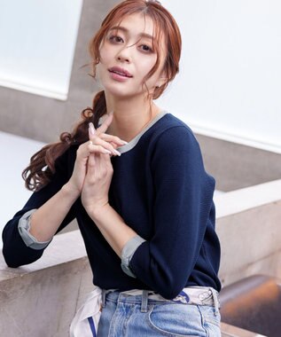 Tiaclasse 【洗える】リボン袖配色ニットトップス ネイビー×グレー