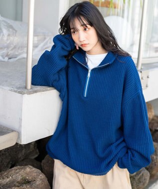 WEGO ルーズフィットハーフZIPプルオーバー ブルー