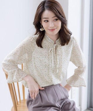 Tiaclasse 【新色追加・洗える】フレアスリーブ花柄リボンブラウス オフホワイト