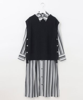 自由区 【洗える/セットアイテム】ウールブレンドベスト×ストライプワンピ ネイビー系1