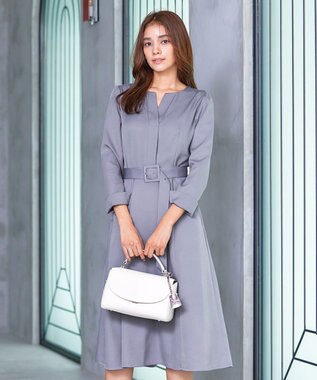 Tiaclasse 【洗える】ベルト付キーネックポケットワンピース ブルー