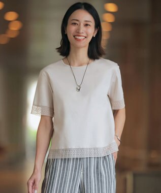 J.PRESS LADIES リネンレーヨン 柄 ワイドパンツ ネイビーストライプ系