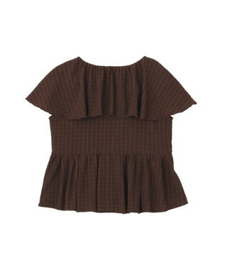 earth music&ecology チェックラッフルカラーペプラムカットブラウス Check Brown