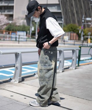 WEGO 【SMLサイズ展開/ウエスト紐】イージー3Dバレルレッグデニムカーゴパンツ デニム淡加工色