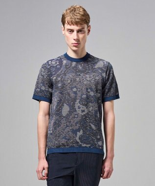 JOSEPH HOMME オリエンタルブラインドジャガード　クルーネック半袖ニットTEE ネイビー系