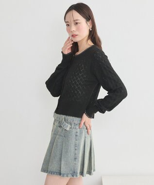 earth music&ecology シアースカラップ透かし編みカーディガン Black