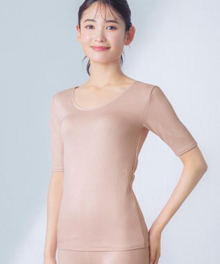 Wing あったかインナー 綿100％(肌側) 軽い シルクプロテイン加工 5分袖 半袖 秋 冬 EL2550 ウイング／ワコール ピーチ