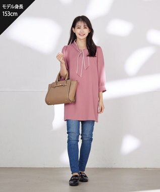 Tiaclasse L 【洗える】配色ボウタイパフ袖チュニックブラウス ピンク