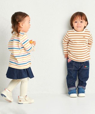 MIKI HOUSE HOT BISCUITS 【80-120cm】ボーダー柄 ワンポイント長袖Tシャツ ベージュ