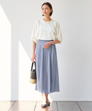 自由区 【ウエストゴム・長さ調整可・洗える・XSサイズあり】ビンテージサテン ガウチョパンツ ダルブルー系