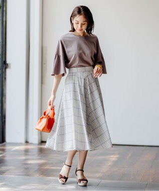 組曲 【汗ジミ防止・撥水】GIZAプレーティング天竺 袖フレア Tシャツ ブラウン系