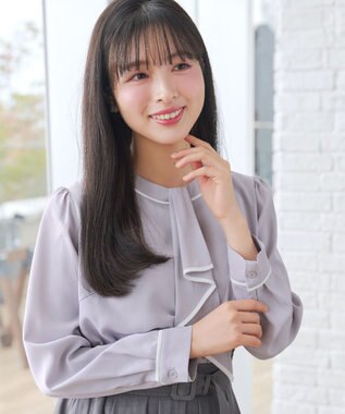 Tiaclasse L 【2WAY・新色追加】取り外し可能な​配色パイピングボウタイブラウス グレー×オフホワイト