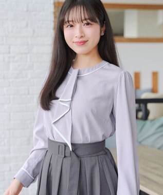 Tiaclasse L 【2WAY・新色追加】取り外し可能な​配色パイピングボウタイブラウス グレー×オフホワイト