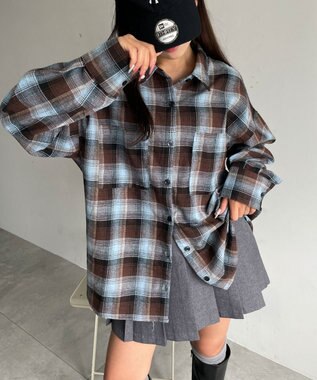 WEGO チェックBIGシャツ ブラウンチェック1