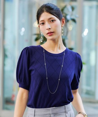 Tiaclasse 【洗える】ダイヤ柄編みサマーニットトップス ネイビー