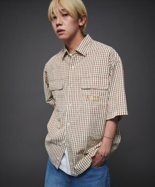 WEGO 【ユニセックス着用ITEM】ミニマムチェックロゴシャツ（SS） ベージュチェック1