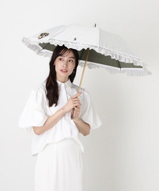 MOONBAT 【遮光/晴雨兼用日傘】POLO RALPH LAUREN(ポロ ラルフローレン) ストライプフリル 折りたたみ傘 楽折 遮熱 UV カーキー