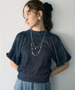 earth music&ecology ラメモールパフスリニットプルオーバー Navy