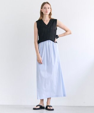 BEIGE， OPTICAL /  ペーパーヤーン Vネックリブニット Black